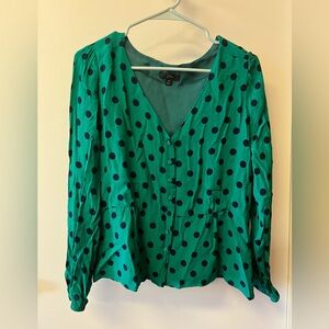 JCrew Green and Navy Polka Dot Peplum Blouse.